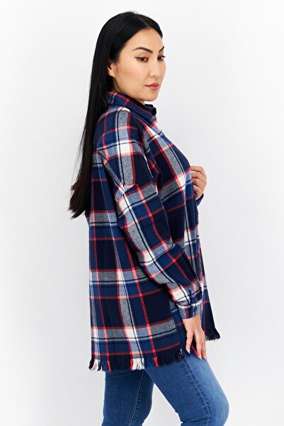 Replay Women Spread Collar Long Sleeve Plaid Shirt, Navy Blue Combo