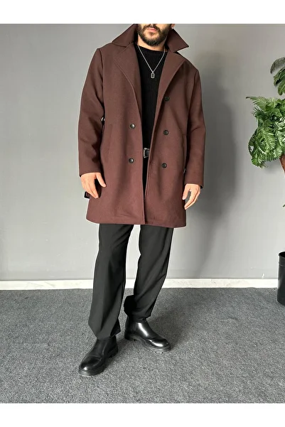 THEMANN Double Breasted Stamp Fabric Coffee Belted Coat