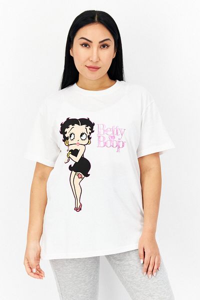 BETTY BOOP Women Round Neck Short Sleeve Graphic Print T-Shirt, White Combo
