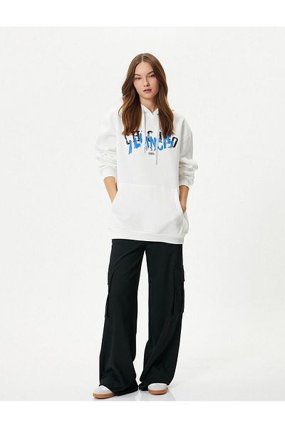 Koton Raised Hooded Sweatshirt Printed Back and Front Long Sleeve Cotton Blended
