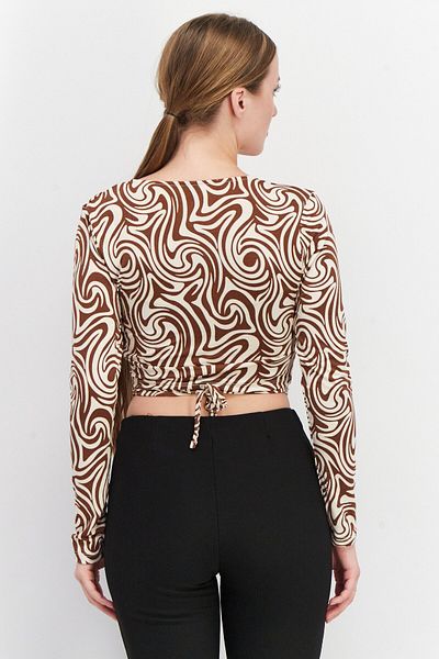 Sinsay Women Surplice Neck Long Sleeves Allover Print Cropped Top, Brown