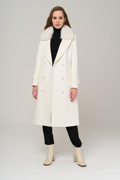 Olcay Ecru Cashmere Coat - Detachable Collar Sheepskin, Double Breasted Intermediate Length 3987-Tk