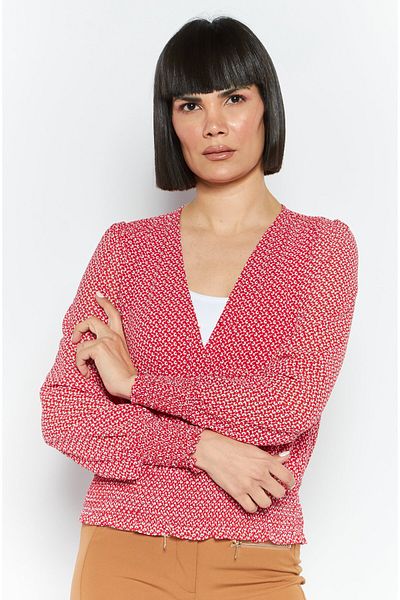 Michael Kors Women V Neck Long Sleeves Floral Print Blouse, Red Combo