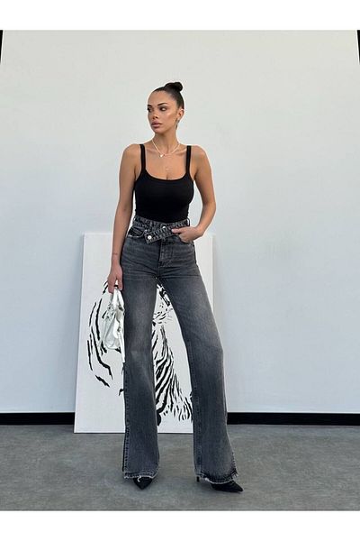 SQUALO جينز واسع الساق مع تفاصيل حزام وفتحة في الساق-38