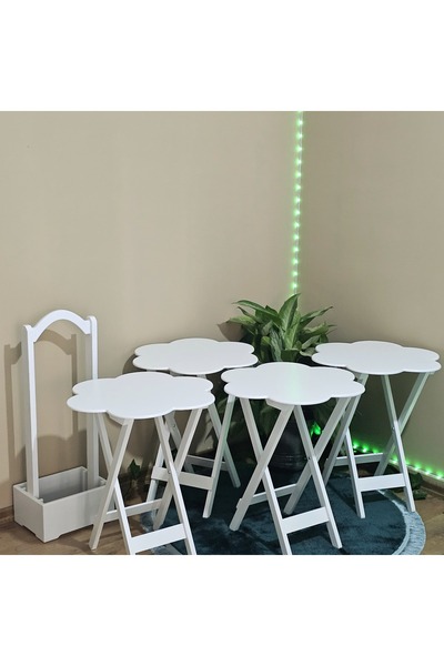 Tekir Çanta Sehpa Çiçek Model Ahşap MDF Dekoratif 4 lü Beyaz Lake Zigon