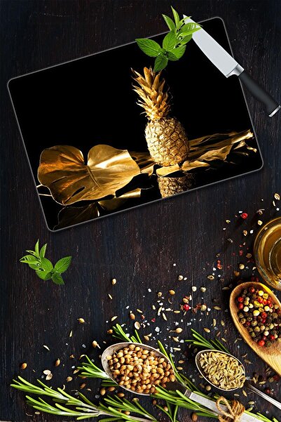 Saban لوح تقطيع زجاجي على شكل أناناس ذهبي مقاس 30 × 40 سم
