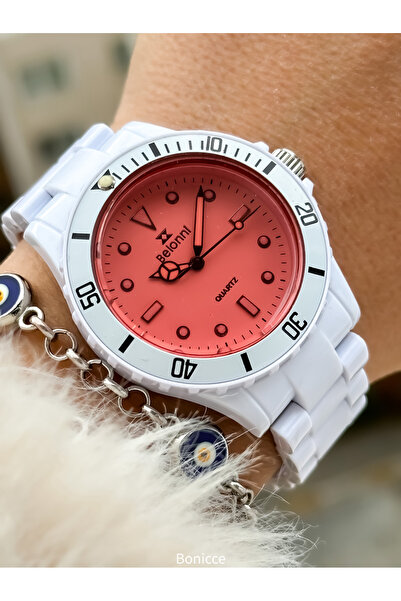 Belonni Brand Lightweight Plastic Band, White Color, Women's Wrist Watch + Bracelet
