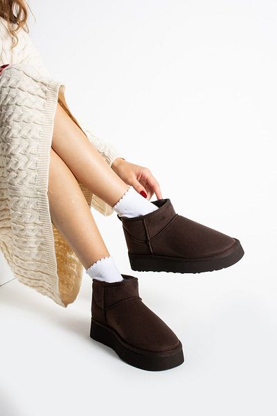 Seniorah Mely Brown Suede Thick Sole Women's Boots with Fur Inside