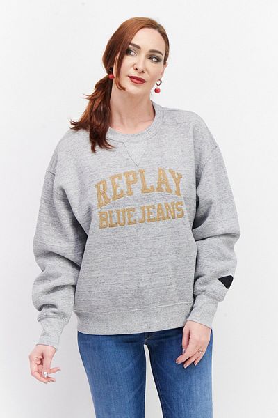 Replay Women Crew Neck Embroidered Logo Sweatshirt, Grey Combo