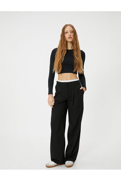Koton Zurück Tief ausgeschnittenes Crop T-Shirt Langarm Rundhals Slim Fit