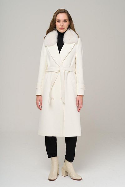 Olcay Ecru Cashmere Coat - Detachable Collar Sheepskin, Double Breasted Intermediate Length 3987-Tk