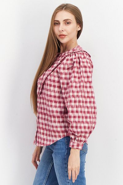 Joie Women Crew Neck Long Sleeve Checkered Blouse, Burgundy