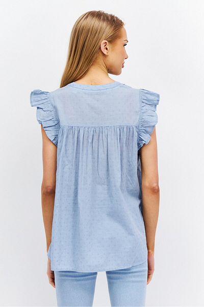 Esprit Women V Neck Cap Sleeve Textured Top, Light Blue