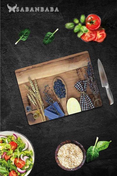 Saban 30X40 cm Glass Cutting Board Seed and Wooden Spoon