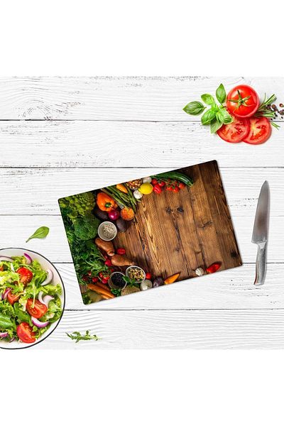 Saban 30X40 cm Glass Cutting Board - Wood and Vegetables