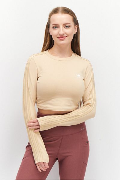 adidas Women Sportswear Fit Crew Neck Long Sleeves Brand Logo Crop Top, Brown