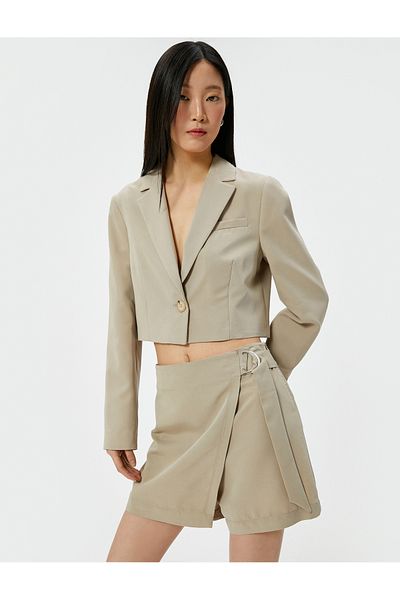 Koton Crop Blazer Jacket Buttoned Stitching Detailed Pocket Modal Mixed