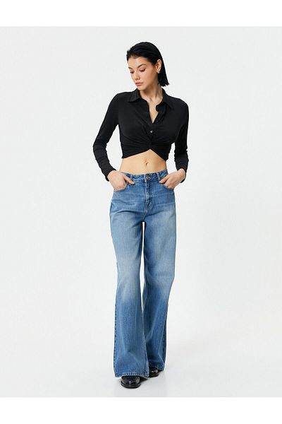 Koton Crop Shirt Slim Fit Classic Collar with Tie Detail