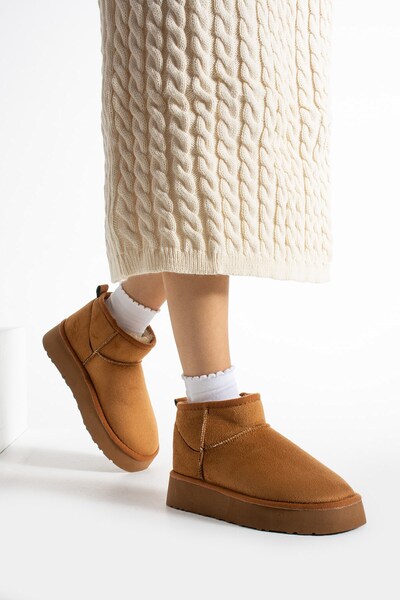 Seniorah Mely Tan Suede Thick Sole Women's Boots with Fur Inside