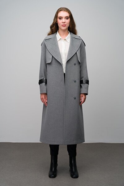 Olcay Dark Gray Cashmere Coat - Real Leather with Accessories and Cape Detail 3031-K