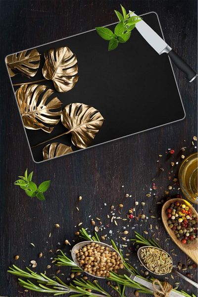 Saban 30X40 cm Glass Cutting Board 4 Gold Leaves