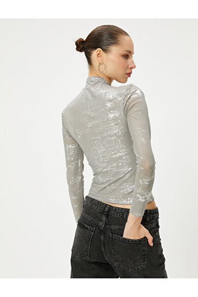 Koton Μεταλλικό T-Shirt με γιακά με μακρυμάνικο κουρτίνα με λεπτομερή επένδυση