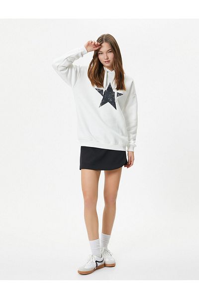 Koton Star Printed Oversize Hooded Sweatshirt - Long Sleeve