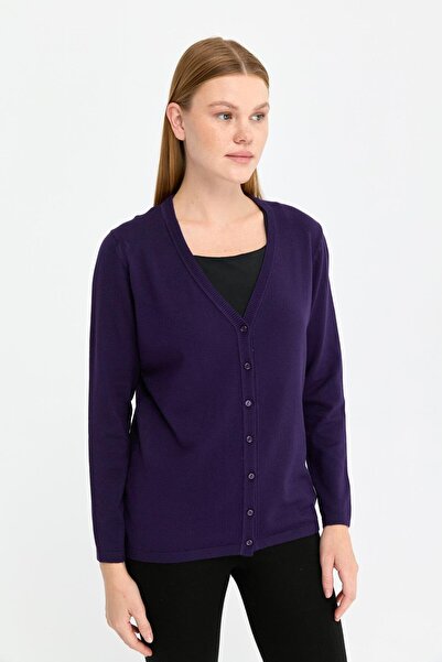 Desen Triko Women's V-Neck Lycra Cardigan - Long Sleeve, Purple