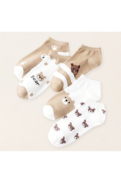 SRY Дамски чорапи до глезена Deloria с шарка на плюшено мече и памук от ликра (5 чифта)