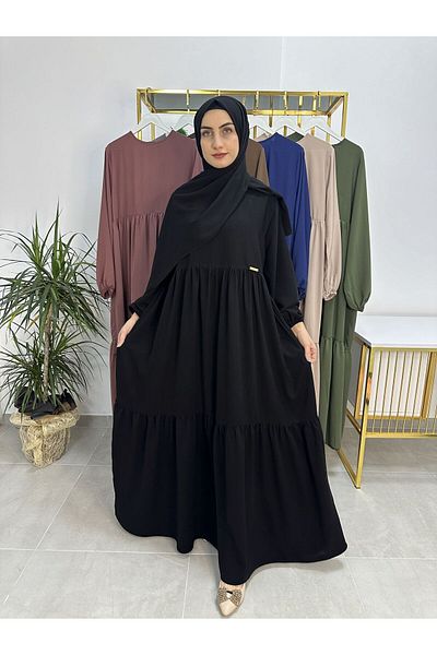 R&S modibone Black Two-Layer Gathered Dress and Shawl Suit - Hijap and Abaya (Suitable for Hajj and Umrah)