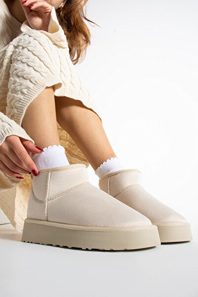 Seniorah Mely Krem Süet Kalın Tabanlı İçi Kürklü Kadın Bot