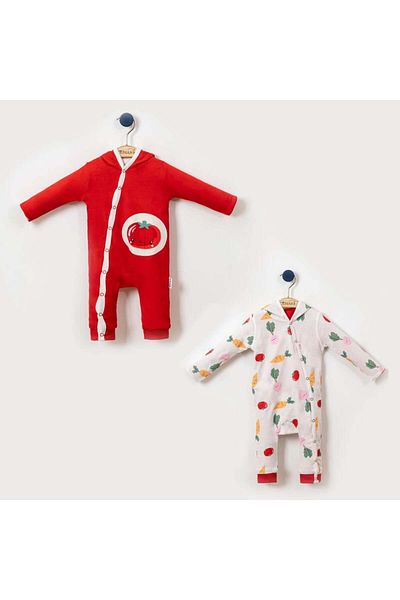 Lolons Hooded Baby Girl Jumpsuit with Snap Fasteners - Tomato Themed, No Booties