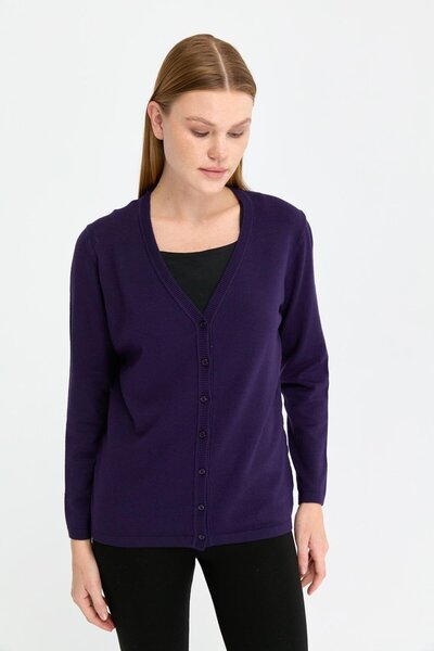 Desen Triko Women's V-Neck Lycra Cardigan - Long Sleeve, Purple