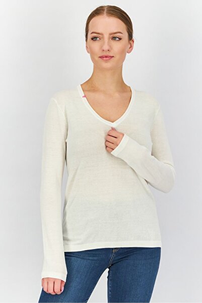 SUN68 Women V-neck Long Sleeve Solid Sweatshirt, White