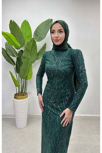 Trendy Butik Emerald Hijab Evening Dress - Women's Embroidered