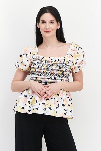 Kate Spade Women Square Neck Puffed Sleeve Floral Print Top, White