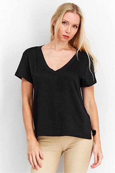 Splendid Women V Neck Short Sleeves Plain Top, Black