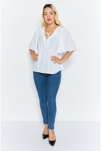 Esprit Women Tie Neck Short Sleeves Solid Blouse, White