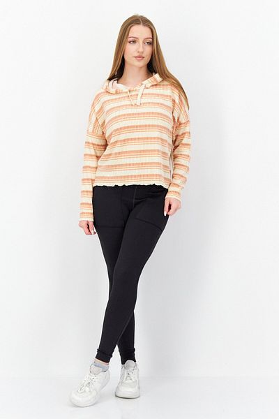 Roxy Women Hooded Long Sleeve Stripe Crop Sweatshirt, Beige Combo