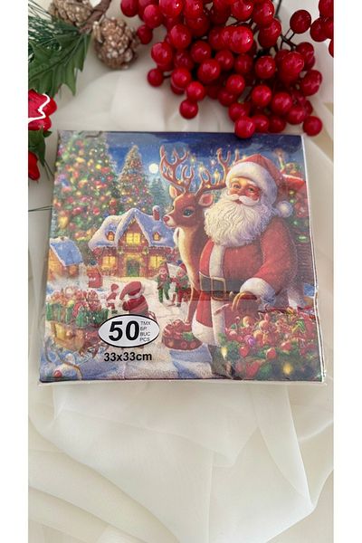 takı tutkum New Year's New Year's Santa Claus and Cute Deer Patterned Napkin 50S Red