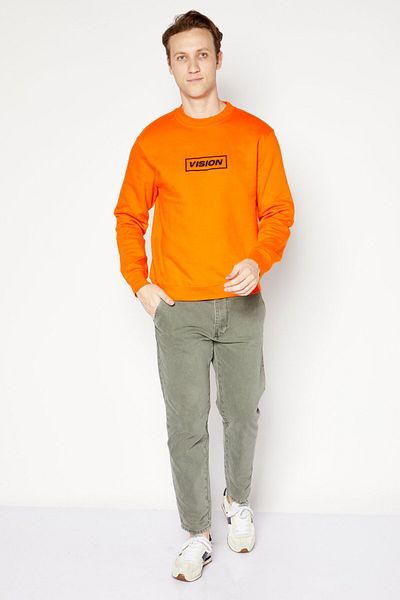 Vision Street Wear Men Crew Neck Long Sleeve Embroidered Logo Sweatshirt, Orange