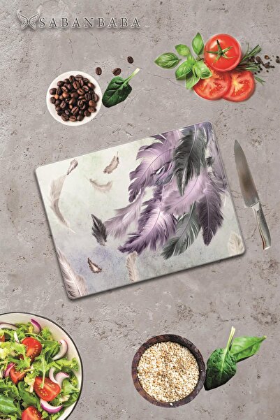 Saban 30X40 cm Glass Cutting Board with Feather Pattern