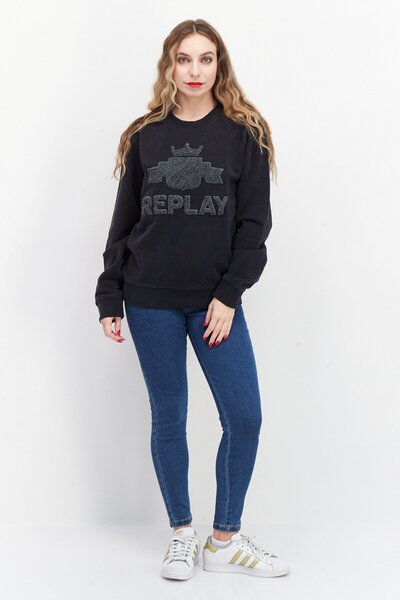 Replay Women Textured Long Sleeve Sweatshirt, Washed Black