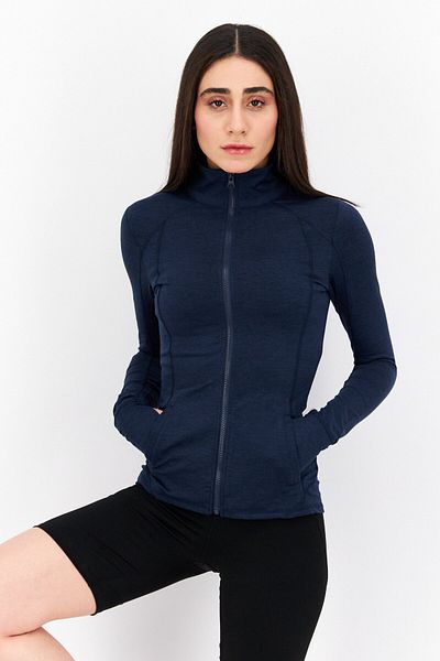 Gottex Women Heather Long Sleeve Full Zip Sweatshirt, Navy Blue