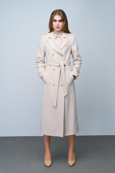 Olcay BEIGE Double Breasted Mid Length Coat - Epaulet and Polo Pocket Detail 3009