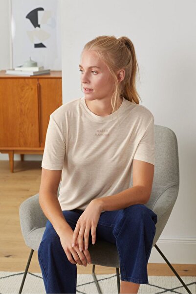 Tchibo Women Crew Neck Short Sleeve Graphic Print Top, Heather Cream