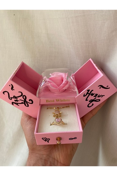 Çelik Kar Tanesi ve Kalpli Yüzük Set - Özel Gül Takı Kutusu İle Birlikte