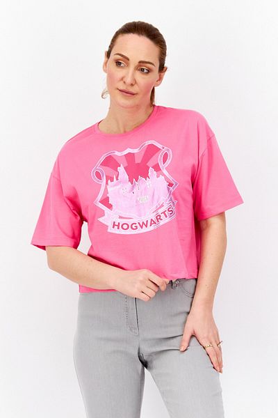 Harry Potter Women Round Neck Short Sleeve Graphic Print T-Shirt, Pink