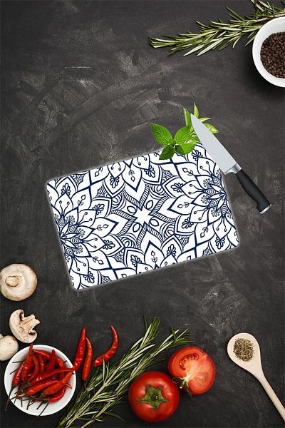 Saban Navy Blue Mandala Patterned 20X30 cm Glass Cutting Board