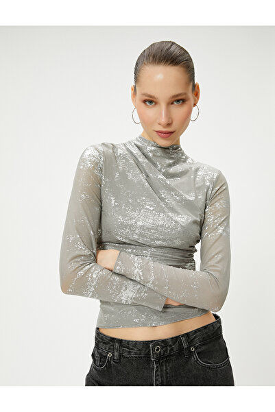 Koton Μεταλλικό T-Shirt με γιακά με μακρυμάνικο κουρτίνα με λεπτομερή επένδυση